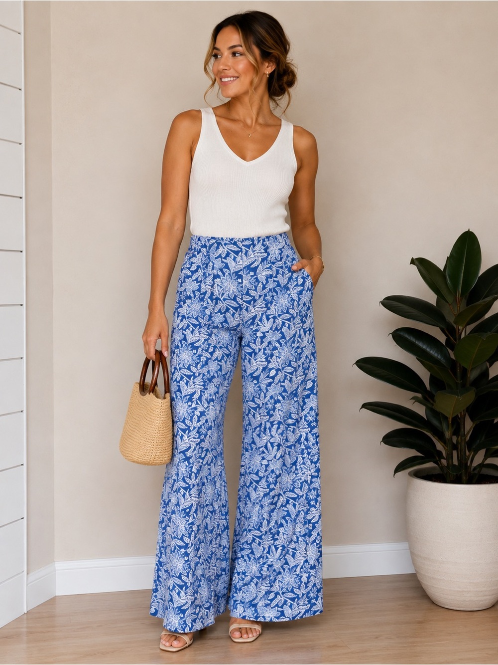J. McLaughlin Cara Pants Blue Bloomsbury Floral Wide Leg Size S NWT